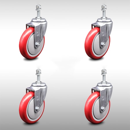 Service Caster 5 Inch SS Red Polyurethane Wheel Swivel 10mm Threaded Stem Caster Set SCC SCC-SSTS20S514-PPUB-RED-M1015-4